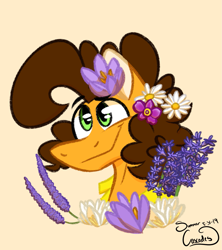 Size: 1365x1536 | Tagged: safe, artist:summer-cascades, cheese sandwich, earth pony, pony, clothes, flower, flower in hair, raised eyebrow, shirt, smiling, solo, youtube link