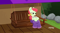 Size: 1280x720 | Tagged: safe, screencap, apple juice (character), earth pony, pony, rainbow roadtrip, background pony, blanket, bow, bowl, female, food, hair bow, hammock, mare, porch, sick, solo, soup