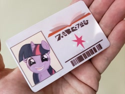 Size: 2048x1536 | Tagged: safe, artist:sky-railroad, twilight sparkle, pony, the point of no return, barcode, cutie mark, defictionalization, female, hand, library card, mare, real life background, smiling, solo, that was fast, written equestrian