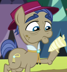 Size: 768x825 | Tagged: safe, screencap, showtime, earth pony, pony, brotherhooves social, background pony, bolo tie, cropped, elderly, hat, liver spots, male, solo, stallion