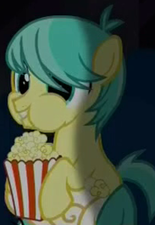 Size: 200x290 | Tagged: safe, screencap, earth pony, pony, made in manehattan, background pony, colt, corn pops, cropped, eating, foal, food, hoof hold, male, popcorn, puffy cheeks, solo