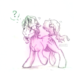 Size: 571x571 | Tagged: safe, artist:annitart, derpibooru import, pinkie pie, earth pony, pony, cutie mark, female, limited color, mare, question mark, raised hoof, simple background, sketch, solo, speech bubble, traditional art, white background