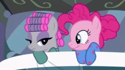 Size: 640x360 | Tagged: safe, screencap, maud pie, pinkie pie, earth pony, pony, rock solid friendship, animated, bedsheets, clapping, clothes, cute, daaaaaaaaaaaw, diapinkes, duo, female, footed sleeper, forehead kiss, gif, hair curlers, kissing, mare, pajamas, pie sisters, pillow, platonic kiss, sad, siblings, sisterly love, sisters, sleeping, the clapper