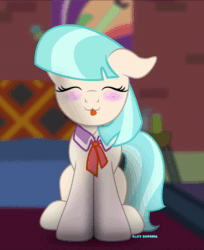 Size: 600x736 | Tagged: safe, artist:bastbrushie, part of a set, coco pommel, earth pony, pony, :3, :p, animated, bastbrushie is trying to kill us, carpet, chest fluff, cocobetes, cute, daaaaaaaaaaaw, dancing, eyes closed, female, gif, happy, hnnng, mare, raspberry, sitting, solo, table, tongue out, weapons-grade cute