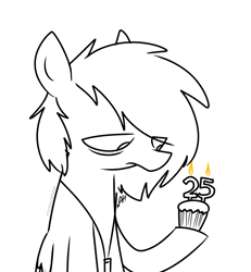 Size: 924x1000 | Tagged: safe, artist:modocrisma, oc, oc only, oc:lightningbeat, pegasus, pony, alternate universe, au:lbau, birthday, birthday candles, cupcake, depressed, doodle, eye clipping through hair, fire, food, hoof hold, jewelry, lineart, male, monochrome, necklace, pendant, simple background, sleep deprivation, solo, stallion, tired, watermark, white background, wings