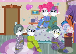 Size: 1058x755 | Tagged: safe, artist:robukun, cloudy quartz, limestone pie, marble pie, maud pie, pinkie pie, equestria girls, bedroom bondage, bondage, bound and gagged, cloth gag, clothes, equestria girls-ified, footed sleeper, footie pajamas, gag, hair curlers, nightgown, otn gag, over the nose gag, pajamas, rope, rope bondage, tied up