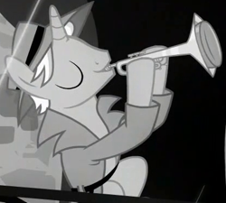 Size: 415x373 | Tagged: safe, screencap, pony, unicorn, rarity investigates, background pony, clothes, cornet, cropped, dexterous hooves, eyes closed, grayscale, hoof hold, male, monochrome, noir, playing instrument, solo, solo focus, stallion, trenchcoat, unnamed pony