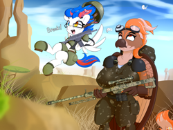 Size: 4800x3613 | Tagged: safe, artist:n0nnny, oc, oc only, oc:beatbreaker, oc:zeeb, anthro, bird, hippogriff, pegasus, pony, semi-anthro, annoyed, anthro oc, anti-materiel rifle, assault rifle, backpack, barrett, barrett m82, beak, camouflage, clothes, commission, desert, dialogue, galil, glasses, gloves, goggles, grass, gun, happy, helmet, heterochromia, hippogriff oc, jumping, military, military uniform, open mouth, open smile, pauldron, rifle, shorts, shoulder pads, sky, smiling, spread wings, tongue out, trigger discipline, upset, weapon, wings