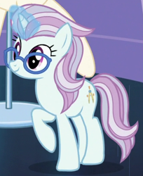 Size: 424x520 | Tagged: safe, screencap, north point, pony, unicorn, canterlot boutique, background pony, cropped, female, glasses, glowing horn, magic, magic aura, mare, raised hoof, solo