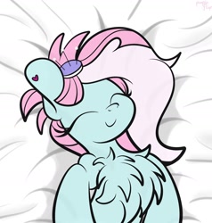 Size: 1600x1678 | Tagged: safe, artist:kimjoman, kerfuffle, pony, rainbow roadtrip, accessories, bed, chest fluff, cute, eyes closed, female, fufflebetes, lying down, mare, solo