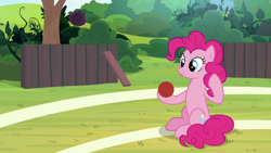 Size: 1920x1080 | Tagged: safe, screencap, pinkie pie, earth pony, pony, 2 4 6 greaaat, ball, buckball field, female, mare, raised hoof, sitting, smiling, solo