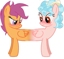 Size: 616x570 | Tagged: safe, cozy glow, scootaloo, pegasus, pony, blushing, catdog, conjoined, cozyloo, cozyloo (fusion), female, filly, foal, fusion, lesbian, pushmi-pullyu, shipping, simple background, transparent background, wings