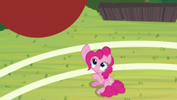 Size: 1920x1080 | Tagged: safe, screencap, pinkie pie, earth pony, pony, 2 4 6 greaaat, ball, buckball field, female, looking up, mare, raised hoof, sitting, smiling, solo