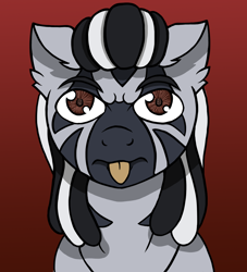 Size: 2500x2750 | Tagged: safe, artist:devorierdeos, oc, oc only, oc:zib, zebra, bust, ear fluff, gradient background, high res, hooves, looking at you, male, portrait, simple background, stallion, tongue out