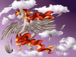 Size: 3072x2304 | Tagged: safe, artist:weird--fish, oc, oc only, oc:prince mars, alicorn, pony, alicorn oc, cloud, feather, horn, male, sky, solo, wings