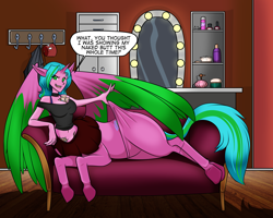 Size: 2250x1800 | Tagged: safe, artist:riddleaellinea, oc, oc only, oc:jello, alicorn, centaur, hybrid, choker, clothes, cutie mark, female, midriff, mirror, money, prostitution, sitting, skirt, solo, speech, tanktop