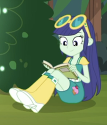 Size: 305x357 | Tagged: safe, screencap, blueberry cake, better together, choose your own ending, equestria girls, lost and pound, lost and pound: rarity, background human, boots, cropped, female, reading, shoes, sitting, smiling