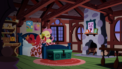 Size: 2880x1620 | Tagged: safe, anonymous artist, big macintosh, fluttershy, earth pony, pegasus, pony, series:fm holidays, alarm clock, bags under eyes, bed, bed mane, bedroom, clock, dawn, daylight savings, eyes closed, female, fluttermac, fluttershy's cottage, lineless, male, mare, shipping, stallion, straight, tired