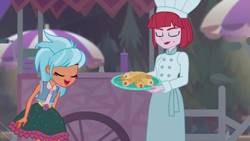 Size: 1916x1080 | Tagged: safe, screencap, frosty orange, better together, equestria girls, sunset's backstage pass!, background human, churros, eyes closed, female, food, food cart, hat, outdoors, plate, puffed pastry, toque