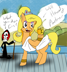 Size: 2808x3000 | Tagged: safe, artist:mitchthemage, earth pony, pony, apple of discord, bracer, clothes, eris (goddess), grim, grim and evil, jewelry, ponified, scythe, the grim adventures of billy and mandy, tiara, toga, water