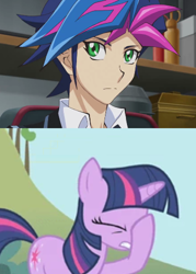 Size: 358x500 | Tagged: safe, edit, edited screencap, screencap, twilight sparkle, applebuck season, facehoof, obscure crossover, obscure reference, yu-gi-oh!, yu-gi-oh! vrains, yusaku fujiki