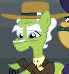 Size: 440x475 | Tagged: safe, screencap, earth pony, pony, appleoosa's most wanted, appleloosa resident, background pony, bolo tie, cowboy hat, cropped, elderly, facial hair, hat, male, moustache, solo focus, stallion, stubble, unnamed pony