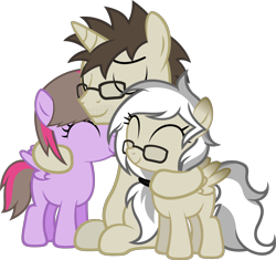 Size: 1814x1706 | Tagged: safe, artist:zacatron94, oc, oc only, oc:artistic treasure, oc:blank novel, oc:captain white, oc:fantasy sparks, pegasus, pony, unicorn, female, filly, glasses, hug, male, oc x oc, parent:oc:blank novel, parent:oc:captain white, parents:oc x oc, parents:whitenovel, shipping, simple background, stallion, straight, transparent background, vector, whitenovel