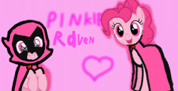 Size: 398x205 | Tagged: safe, derpibooru import, pinkie pie, earth pony, pony, cloak, clothes, cute, diapinkes, flower, happy, heart, pink background, pink eyes, pinkie raven, raven (teen titans), simple background, smiling, sparkling eyes, teen titans go