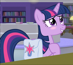 Size: 1008x902 | Tagged: safe, screencap, twilight sparkle, unicorn twilight, pony, unicorn, the point of no return, blushing, cropped, saddle bag, smiling, solo