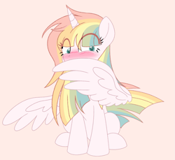 Size: 817x750 | Tagged: safe, artist:owlity, oc, oc only, oc:sweet dreams, alicorn, pony, alicorn oc, blushing, multicolored hair, rainbow, rainbow alicorn, rainbow hair, simple background, spread wings, wingboner, wings