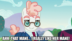 Size: 1280x720 | Tagged: safe, artist:jaredking203, edit, edited screencap, screencap, svengallop, earth pony, the mane attraction, caption, glasses, image macro, male, meme, raised hoof, stallion, text