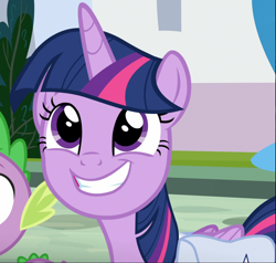 Size: 1030x980 | Tagged: safe, screencap, spike, twilight sparkle, twilight sparkle (alicorn), alicorn, dragon, the point of no return, cropped, cute, offscreen character, smiling, solo focus, teeth, twiabetes