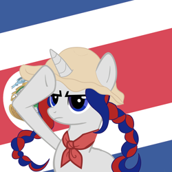 Size: 2450x2450 | Tagged: safe, artist:archooves, derpibooru exclusive, oc, oc:panchita, pony, unicorn, base used, braid, costa rica, hat, nation ponies, ponified, rainbow dash salutes, salute, solo