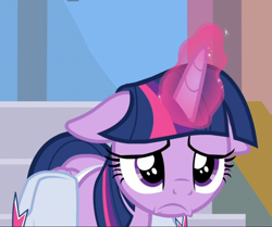 Size: 906x757 | Tagged: safe, screencap, twilight sparkle, twilight sparkle (alicorn), alicorn, pony, the point of no return, cropped, floppy ears, glowing horn, sad, sad eyes, saddle bag, solo