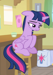 Size: 623x870 | Tagged: safe, screencap, twilight sparkle, twilight sparkle (alicorn), alicorn, pony, the point of no return, candle, cropped, cute, female, floppy ears, folded wings, lidded eyes, looking down, mare, saddle bag, sitting, solo, stool, sulking, wings
