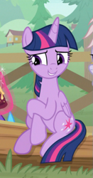 Size: 325x621 | Tagged: safe, screencap, twilight sparkle, twilight sparkle (alicorn), alicorn, pony, the point of no return, bashful, cropped, log, rubbing hooves, sitting, smiling, solo focus