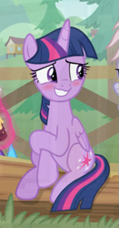 Size: 319x607 | Tagged: safe, screencap, twilight sparkle, twilight sparkle (alicorn), alicorn, pony, the point of no return, animation error, bashful, blushing, cropped, cute, embarrassed, levitation, log, rubbing hooves, sitting, solo focus, telekinesis, twiabetes