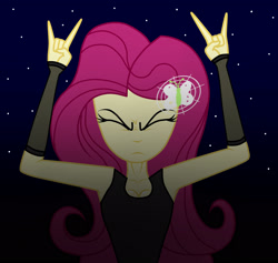 Size: 1900x1800 | Tagged: safe, artist:mashoart, fluttershy, equestria girls, breasts, cleavage, devil horn (gesture), eyes closed, headbang, metalshy, night