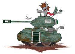 Size: 1240x896 | Tagged: safe, artist:kiminofreewings, oc, oc:kimino, pegasus, pony, artwork, dirty, male, open mouth, ride, simple, simple background, smiley face, solo, tank (vehicle), vehicle