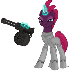 Size: 3145x3277 | Tagged: safe, artist:anime-equestria, tempest shadow, unicorn, armor, broken horn, eyeshadow, fallout, female, horn, levitation, magic, makeup, mare, minigun, power armor, prosthetic horn, prosthetics, simple background, smiling, solo, telekinesis, transparent background, wasteland