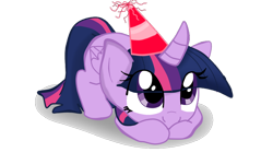 Size: 800x481 | Tagged: safe, artist:wandeh, twilight sparkle, twilight sparkle (alicorn), alicorn, pony, cute, eye clipping through hair, female, hat, mare, party hat, prone, simple background, solo, transparent background, twiabetes