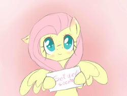 Size: 1024x768 | Tagged: safe, artist:bae-mon, fluttershy, pegasus, pony, blushing, bust, colored pupils, cute, ear down, female, full face view, get well soon, heart, hoof hold, looking at you, mare, note, pink background, shyabetes, simple background, smiling, solo, spread wings, wings