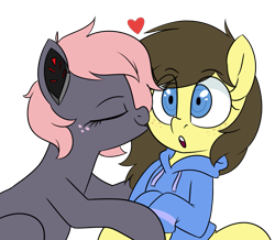 Size: 1529x1333 | Tagged: safe, artist:notenoughapples, oc, oc:retro hearts, oc:vedalia rose, oc:vee, pegasus, pony, clothes, cute, female, hoodie, kissing, lesbian, oc x oc, shipping, simple background, transparent background