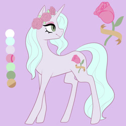 Size: 1080x1080 | Tagged: safe, artist:graphic-ginger, oc, oc only, pony, unicorn, adoptable, cutie mark, female, floral head wreath, flower, head turn, mare, reference sheet, rose, solo