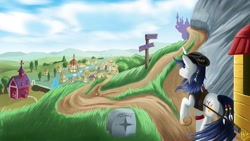 Size: 1600x900 | Tagged: safe, artist:jphyperx, oc, oc only, oc:dawn slasher, pony, unicorn, fanfic:13fates, canterlot, male, ponyville, road sign, scenery, sky, stallion, sweet apple acres, travelling, village, wagon