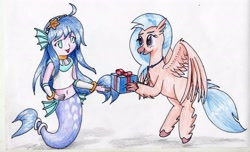 Size: 3427x2087 | Tagged: safe, artist:40kponyguy, derpibooru exclusive, silverstream, hippogriff, mermaid, crossover, looking at each other, present, puyo puyo, requested art, serilly, seriri, simple background, traditional art