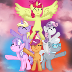 Size: 1155x1165 | Tagged: safe, artist:melodysweetheart, artist:zikathepony, derpibooru import, apple bloom, diamond tiara, dinky hooves, pinkie pie, scootaloo, silver spoon, sweetie belle, alicorn, pegasus, pony, unicorn, alicornified, alternate universe, base used, bloomicorn, cloud, cutie mark crusaders, race swap, sky