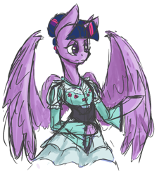 Size: 614x680 | Tagged: safe, artist:laptopdj, twilight sparkle, twilight sparkle (alicorn), alicorn, pony, semi-anthro, clothes, dress, female, hair bun, sketch, solo