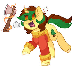 Size: 514x468 | Tagged: safe, artist:drawtheuniverse, oc, oc:anastasia pines, pony, unicorn, angry, axe, chibi, clothes, cross-popping veins, cute, dock, female, full body, hooves, magic, mare, multicolored hair, open mouth, orange eyes, puff, running, scar, shading, simple background, solo, sweater, transparent background, weapon, yellow coat