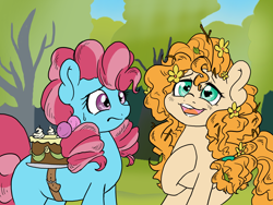 Size: 2828x2121 | Tagged: safe, artist:therealakineko, cup cake, pear butter, earth pony, pony, the perfect pear, belt, cake, chiffon swirl, duo, female, flower, flower in hair, food, heart eyes, hooves to the chest, mare, messy mane, open mouth, scene interpretation, sweat, sweatdrop, wingding eyes, younger